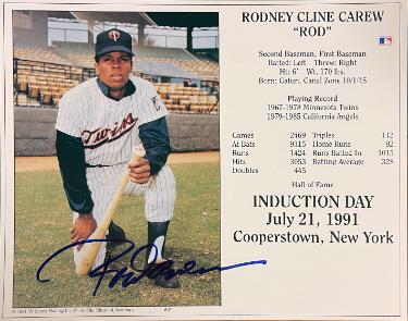 Rod Carew signed Minnesota Twins MLB Licensed Hall of Fame Induction Day 8x10 Photo/Card minor ding- COA