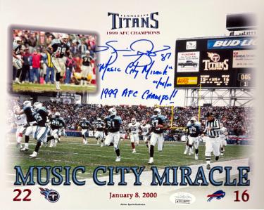 Music City Miracle signed Tennessee Titans 8x10 Photo w/ Kevin Dyson signature 3 insc 1/8/00/AFC Champs- JSA Witnessed