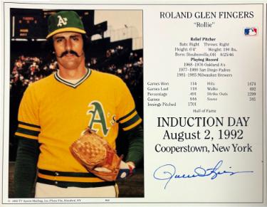 Rollie Fingers signed Oakland A's MLB Licensed Hall of Fame Induction Day 8x10 Photo/Card crease- Stacks of Plaques COA