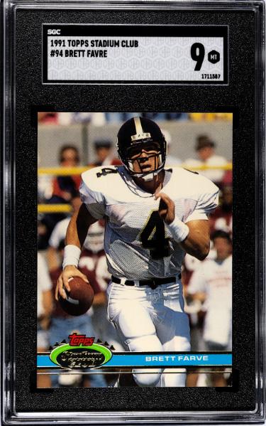 Brett Favre 1991 Topps Stadium Club Rookie Card (RC) #94- SGC Graded 9 Mint (Southern Miss/Packers/HOF)