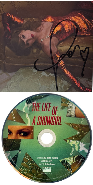 Taylor Swift 2025 The Life of a Showgirl CD Signed 4.75 Inch X 4.75 Inch Photo Art Card #2 w/ Heart- Beckett Review