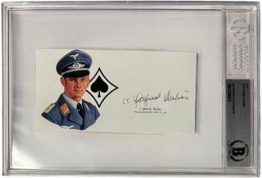 Gottfried Dulias signed 5.5x 3 cut signature w/ Image  BAS/Beckett Encapsulated (WWII German ME-109G Gustav Pilot)