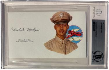 Charles E. McGee signed 3x5.5 cut signature w/ Image BAS/Beckett Encapsulated (Tuskegee Airman Pilot/Red Tails/WWII/Korea)