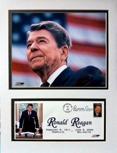 President Ronald Reagan 8x10 Photo Custom Matted to 12x16 with First Day Of Issue Stamp Cache/Envelope (2/9/2005)- NEW