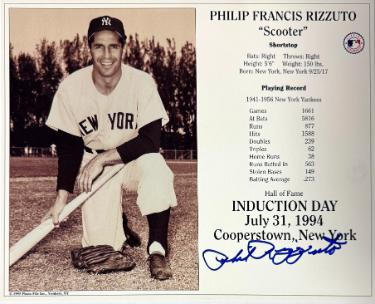 Phil Rizzuto signed MLB Licensed Hall of Fame Induction Day 8x10 Photo/Card imperfect- COA (HOF)