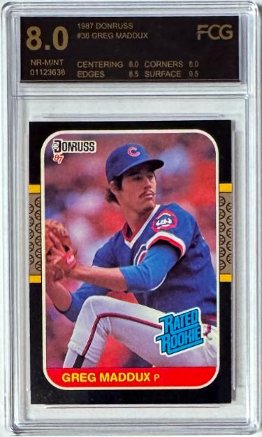 Greg Maddux 1987 Donruss Rated Rookie Card  (RC) #36- FCG Graded 8 NR-MINT (Cubs/Braves/HOF)