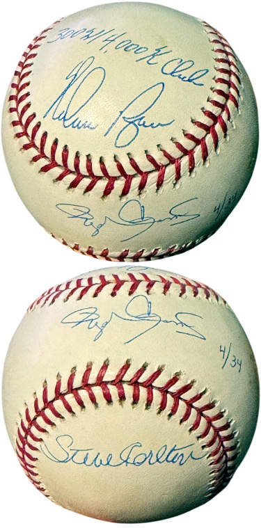 Nolan Ryan/Roger Clemens/Steve Carlton tripled signed Rawlings Official MLB Baseball 300W/4000K Club- /34- tone spot-Steiner/MLB