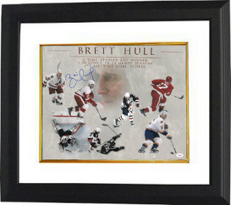 Brett Hull signed Career Collage 16x20 Photo Custom Framing - JSA (Detroit Red Wings/St. Louis Blues/Calgary Flames/Dallas Stars