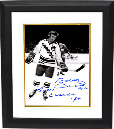 Bobby Hull signed Team Canada Vintage B&W 8x10 Photo Custom Framing #16 Team Canada 74 Insc- Schwartz Hologram