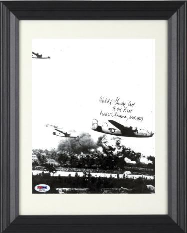 Herbert Guiness signed 1943 WWII 8x10 Photo Custom Framing- PSA #AD57102- Ploesti Raid/B-24 Liberator Pilot/Romania/Aug 1943