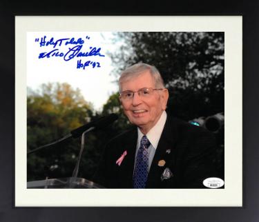 Milo Hamilton signed 8x10 Photo w/ dual Holy Toledo & HOF 92 Custom Framing- JSA (Braves/Cubs/Astros)
