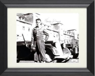 Francis Sanza signed WWII 8x10 Photo Custom Framing- JSA #AC92651 (General Patton's Jeep Driver 3rd Army)