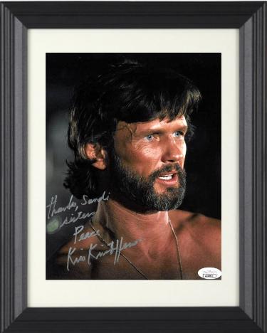 Kris Kristofferson signed 1978 Convoy Movie 8x10 Photo Custom Framing- JSA #AC92632- w/ Thanks Sandi Sisters Peace Insc
