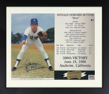 Don Sutton signed Los Angeles Dodgers MLB 300th Victory June 18, 1986 8x10 Photo/Card- /300 Custom Framing- imperfect- PSA