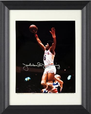 Julius Erving signed Philadelphia 76ers 8x10 Photo "Dr. J" minor dings Custom Framing- Ken Goldin, The Score Board, Inc COA (HOF