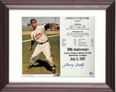 Larry Doby signed Cleveland MLB 50th Anniversary Debut in the AL July 5, 1947 8x10 Photo/Card Custom Framing- COA