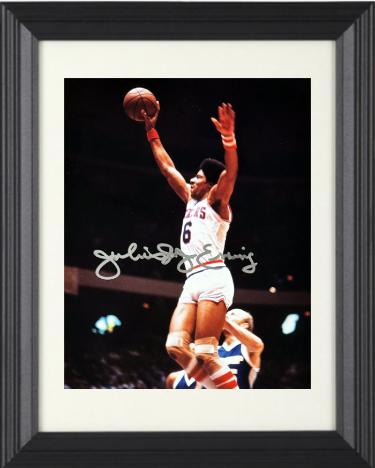 Julius Erving signed Philadelphia 76ers 8x10 Photo "Dr. J" minor dings Custom Framing- Ken Goldin, The Score Board, Inc COA (HOF