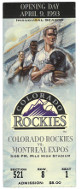 1993 Colorado Rockies Inaugural Season Ticket Stub vs Montreal Expos- Opening Day 4/9/93